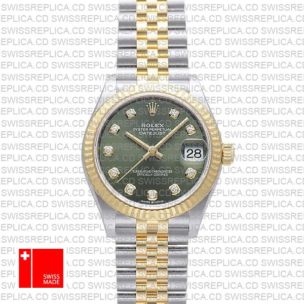 Rolex Datejust 31mm 2-tone Jubilee 18k Yellow Gold/904l Steel Fluted Bezel Green Diamond Dial Ref. 278273 Swiss Replica Superclone