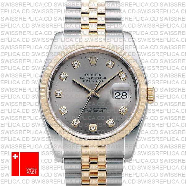 Rolex Datejust 36mm 2-Tone Jubilee 18k Yellow Gold/904l Steel Fluted Bezel Silver Diamond Dial Ref. 116233 Swiss Made Replica Super Clone