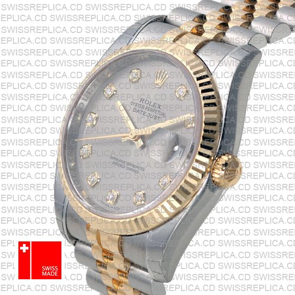 Rolex Datejust 36mm 2-Tone Jubilee 18k Yellow Gold/904l Steel Fluted Bezel Silver Diamond Dial Ref. 116233 Swiss Made Replica Super Clone