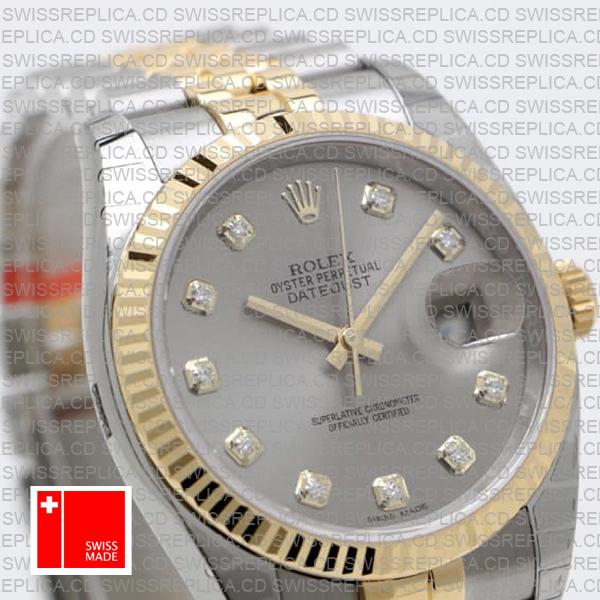 Rolex Datejust 36mm 2-Tone Jubilee 18k Yellow Gold/904l Steel Fluted Bezel Silver Diamond Dial Ref. 116233 Swiss Made Replica Super Clone