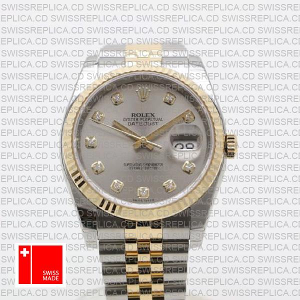 Rolex Datejust 36mm 2-Tone Jubilee 18k Yellow Gold/904l Steel Fluted Bezel Silver Diamond Dial Ref. 116233 Swiss Made Replica Super Clone