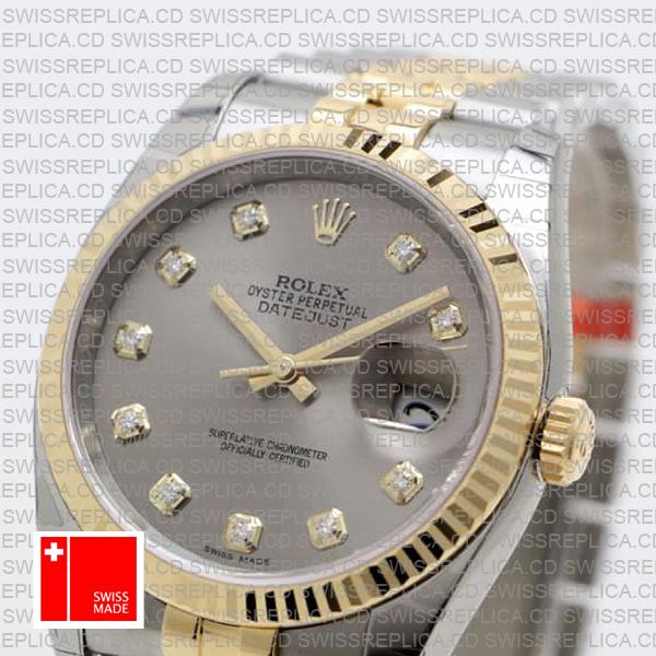 Rolex Datejust 36mm 2-Tone Jubilee 18k Yellow Gold/904l Steel Fluted Bezel Silver Diamond Dial Ref. 116233 Swiss Made Replica Super Clone