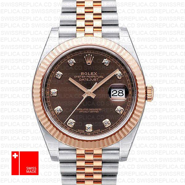 Rolex Datejust 41 Jubilee 2 Tone 18k Rose Gold Fluted Bezel Chocolate Dial Diamond Markers 126331 Swiss Replica
