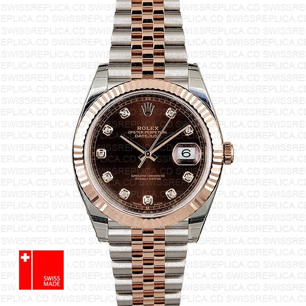 Rolex Datejust 41 Jubilee 2 Tone 18k Rose Gold Fluted Bezel Chocolate Dial Diamond Markers 126331 Swiss Replica