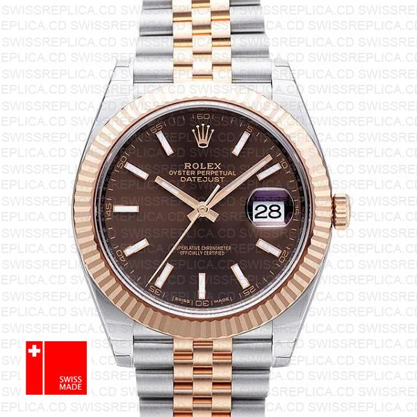 Rolex Datejust 41 Jubilee 2 Tone 18k Rose Gold Fluted Bezel Chocolate Dial Stick Markers 126331 Swiss Replica