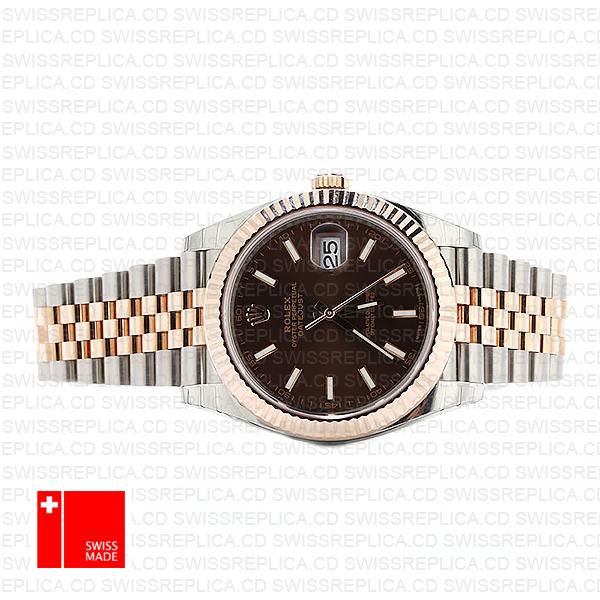 Rolex Datejust 41 Jubilee 2 Tone 18k Rose Gold Fluted Bezel Chocolate Dial Stick Markers 126331 Swiss Replica