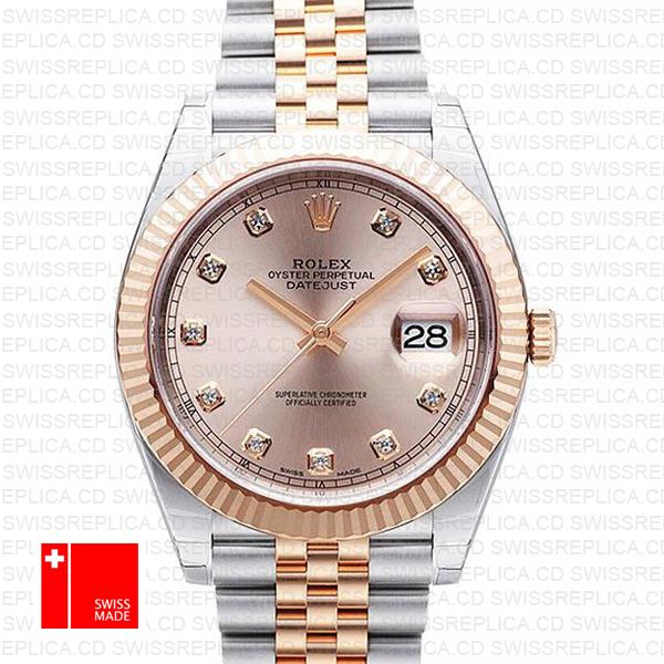 Rolex Datejust 41 Jubilee 2 Tone 18k Rose Gold Fluted Bezel Pink Sundust Dial Diamond Markers 126331 Swiss Replica