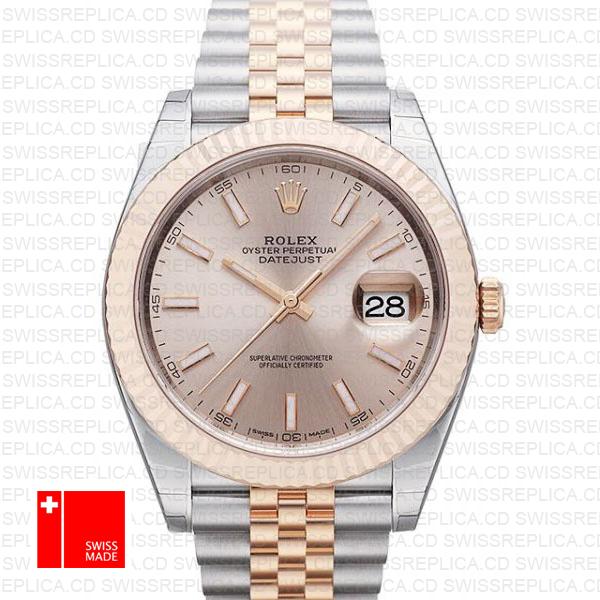 Rolex Datejust 41 Jubilee 2 Tone 18k Rose Gold Fluted Bezel Pink Sundust Dial Stick Markers 126331 Swiss Replica