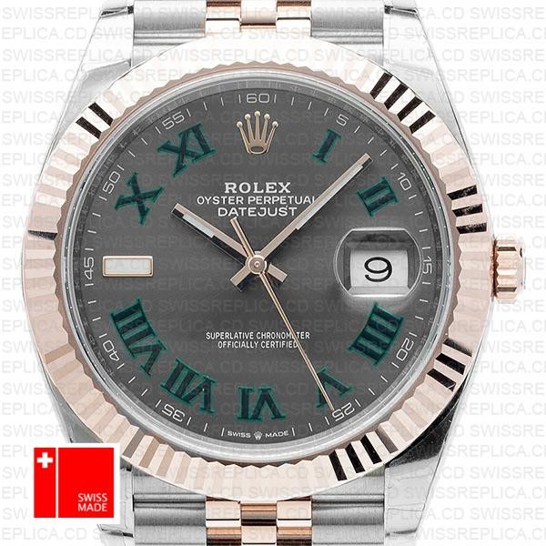 Rolex Datejust 41 Jubilee 2 Tone 18k Rose Gold Fluted Bezel Slate Grey Dial Roman Markers 126331 Swiss Replica
