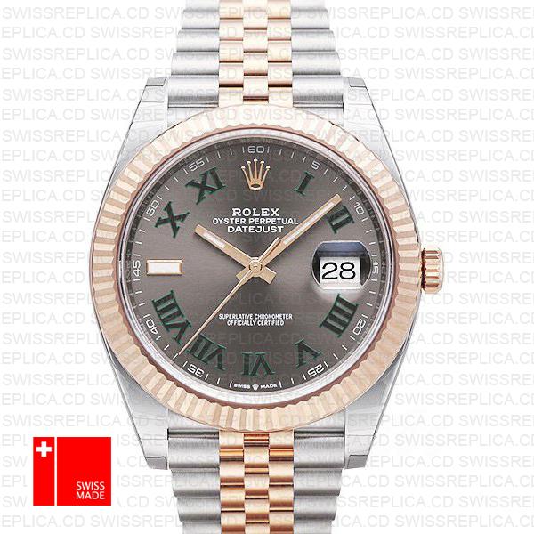 Rolex Datejust 41 Jubilee 2 Tone 18k Rose Gold Fluted Bezel Slate Grey Dial Roman Markers 126331 Swiss Replica