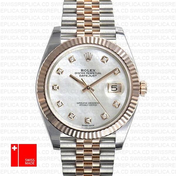 Rolex Datejust 41 Jubilee 2 Tone 18k Rose Gold Fluted Bezel White Mop Dial Diamond Markers 126331 Swiss Replica