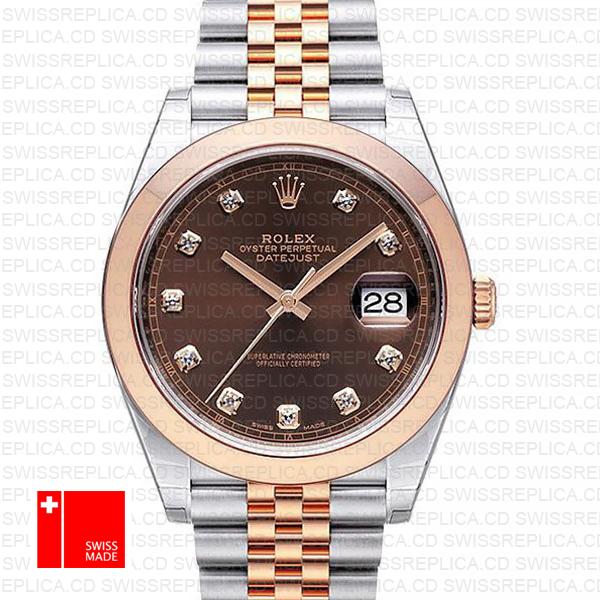 Rolex Datejust 41 Jubilee 2 Tone 18k Rose Gold Smooth Bezel Chocolate Dial Diamond Markers 126301 Swiss Replica