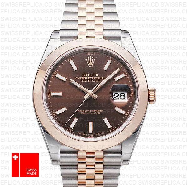 Rolex Datejust 41 Jubilee 2 Tone 18k Rose Gold Smooth Bezel Chocolate Dial Stick Markers 126301 Swiss Replica