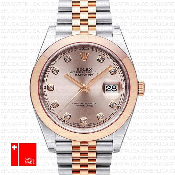 Rolex Datejust 41 Jubilee 2 Tone 18k Rose Gold Smooth Bezel Pink Dial Diamond Markers 126301 Swiss Replica