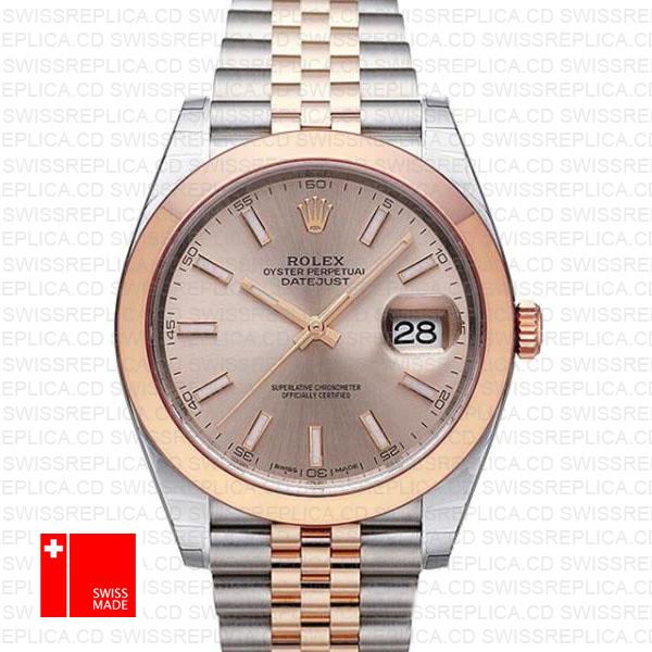 Rolex Datejust 41 Jubilee 2 Tone 18k Rose Gold Smooth Bezel Pink Dial Stick Markers 126301 Swiss Replica