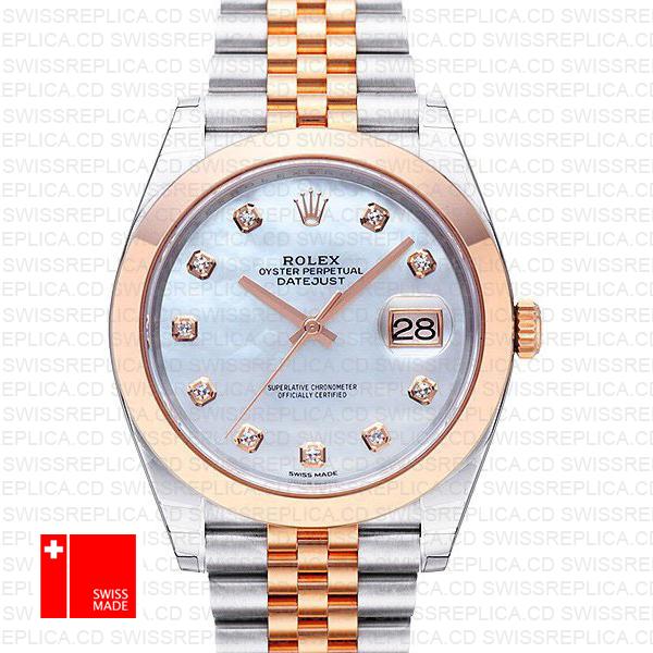 Rolex Datejust 41 Jubilee 2 Tone 18k Rose Gold Smooth Bezel White Mop Dial Diamond Markers 126301 Swiss Replica