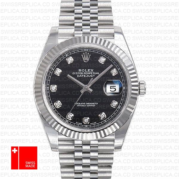 Rolex Datejust 41 Jubilee 2 Tone 18k White Gold Fluted Bezel Black Dial Diamond Markers 126334 Swiss Replica