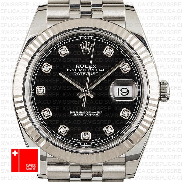 Rolex Datejust 41 Jubilee 2 Tone 18k White Gold Fluted Bezel Black Dial Diamond Markers 126334 Swiss Replica
