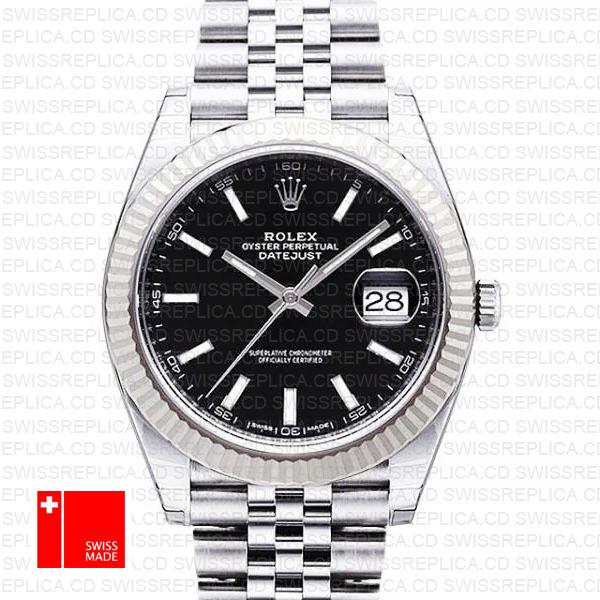 Rolex Datejust 41 Jubilee 2 Tone 18k White Gold Fluted Bezel Black Dial Stick Markers 126334 Swiss Replica