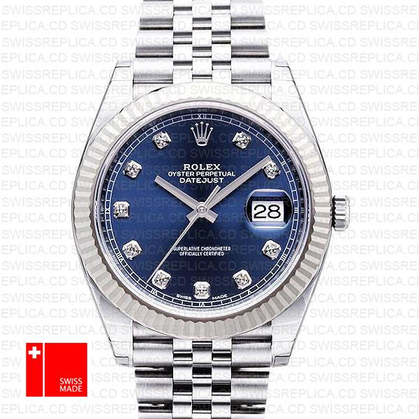 Rolex Datejust 41 Jubilee 2 Tone 18k White Gold Fluted Bezel Blue Dial Diamond Markers 126334 Swiss Replica