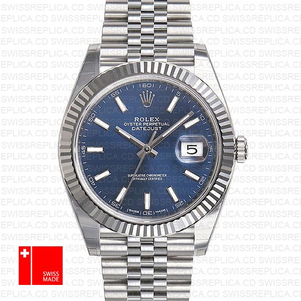 Rolex Datejust 41 Jubilee 2 Tone 18k White Gold Fluted Bezel Blue Dial Stick Markers 126334 Swiss Replica