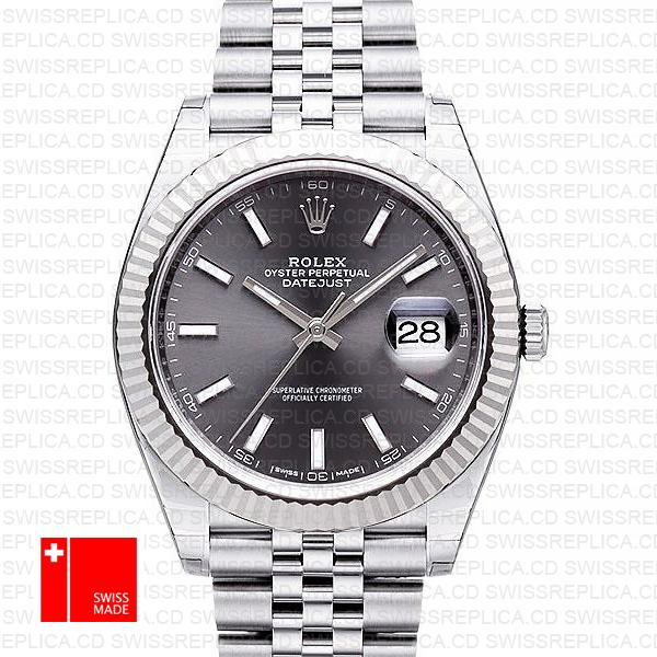 Rolex Datejust 41 Jubilee 2 Tone 18k White Gold Fluted Bezel Dark Rhodium Dial Stick Markers 126334 Swiss Replica