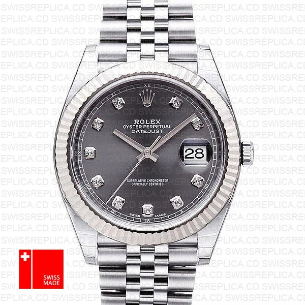 Rolex Datejust 41 Jubilee 2 Tone 18k White Gold Fluted Bezel Rhodium Grey Dial Diamond Markers 126334 Swiss Replica