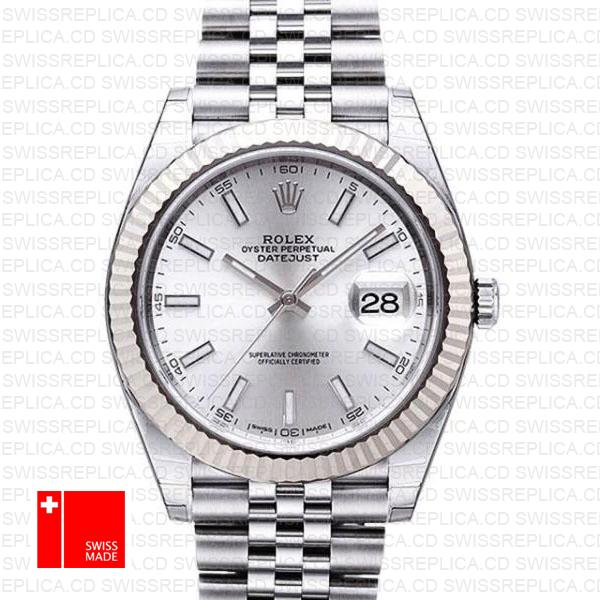 Rolex Datejust 41 Jubilee 2 Tone 18k White Gold Fluted Bezel Silver Dial Stick Markers 126334 Swiss Replica