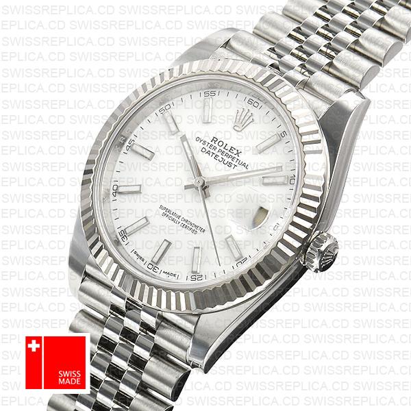 Rolex Datejust 41 Jubilee 2 Tone 18k White Gold Fluted Bezel White Dial Stick Markers 126334 Swiss Replica