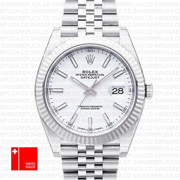 Rolex Datejust 41 Jubilee 2 Tone 18k White Gold Fluted Bezel White Dial Stick Markers 126334 Swiss Replica