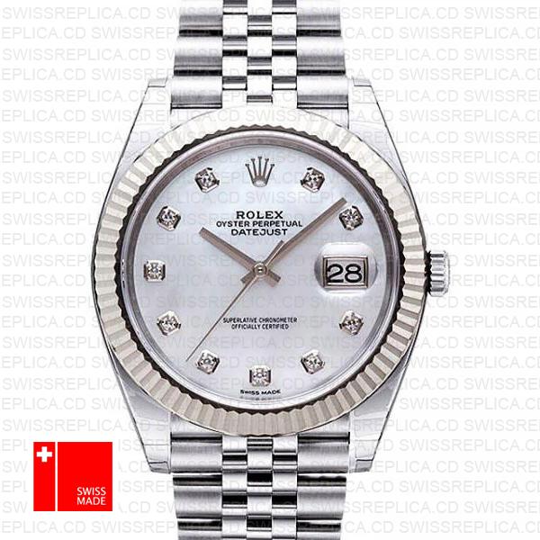 Rolex Datejust 41 Jubilee 2 Tone 18k White Gold Fluted Bezel White Mop Dial Diamond Markers 126334 Swiss Replica