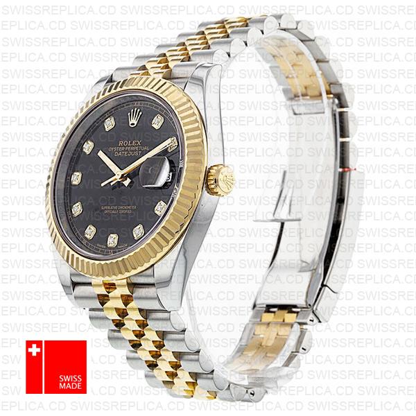 Rolex Datejust 41 Jubilee 2 Tone 18k Yellow Gold Flutted Bezel Black Dial Diamond Markers 126333 Swiss Replica