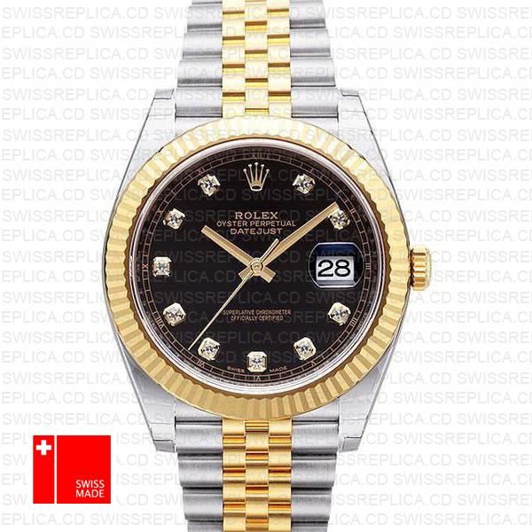 Rolex Datejust 41 Jubilee 2 Tone 18k Yellow Gold Flutted Bezel Black Dial Diamond Markers 126333 Swiss Replica