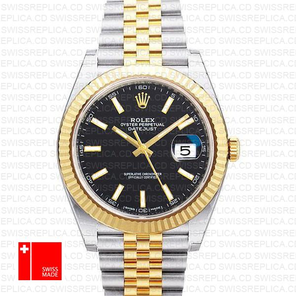 Rolex Datejust 41 Jubilee 2 Tone 18k Yellow Gold Flutted Bezel Black Dial Stick Markers 126333 Swiss Replica
