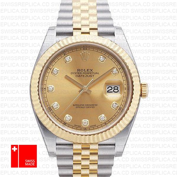 Rolex Datejust 41 Jubilee 2 Tone 18k Yellow Gold Flutted Bezel Gold Dial Diamond Markers 126333 Swiss Replica