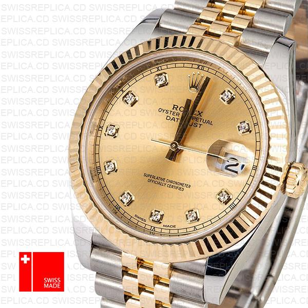 Rolex Datejust 41 Jubilee 2 Tone 18k Yellow Gold Flutted Bezel Gold Dial Diamond Markers 126333 Swiss Replica