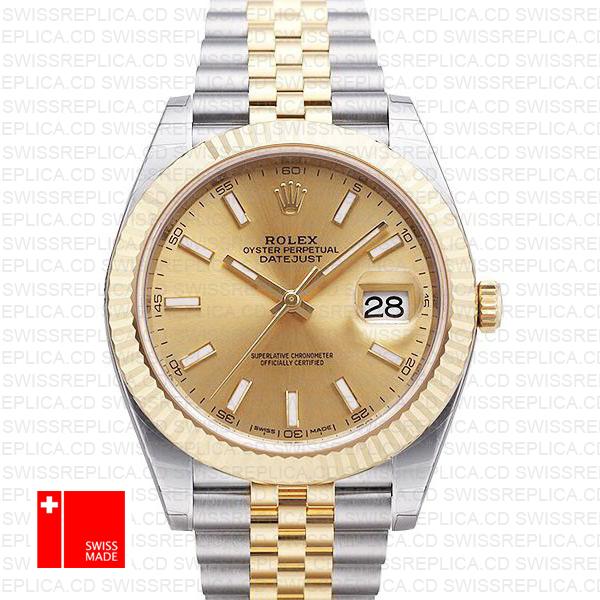 Rolex Datejust 41 Jubilee 2 Tone 18k Yellow Gold Flutted Bezel Gold Dial Stick Markers 126333 Swiss Replica