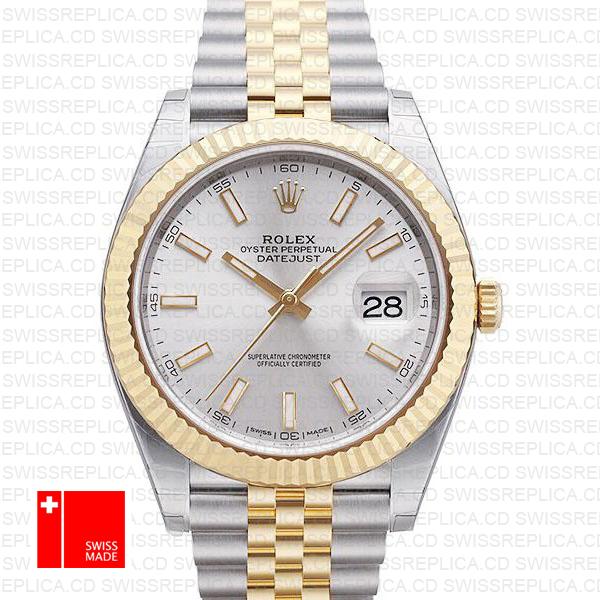 Rolex Datejust 41 Jubilee 2 Tone 18k Yellow Gold Flutted Bezel Silver Dial Stick Markers 126333 Swiss Replica