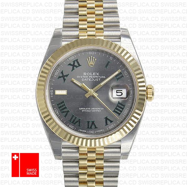 Rolex Datejust 41 Jubilee 2 Tone 18k Yellow Gold Flutted Bezel Slate Grey Dial Roman Markers 126333 Swiss Replica