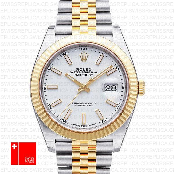 Rolex Datejust 41 Jubilee 2 Tone 18k Yellow Gold Flutted Bezel White Dial Stick Markers 126333 Swiss Replica