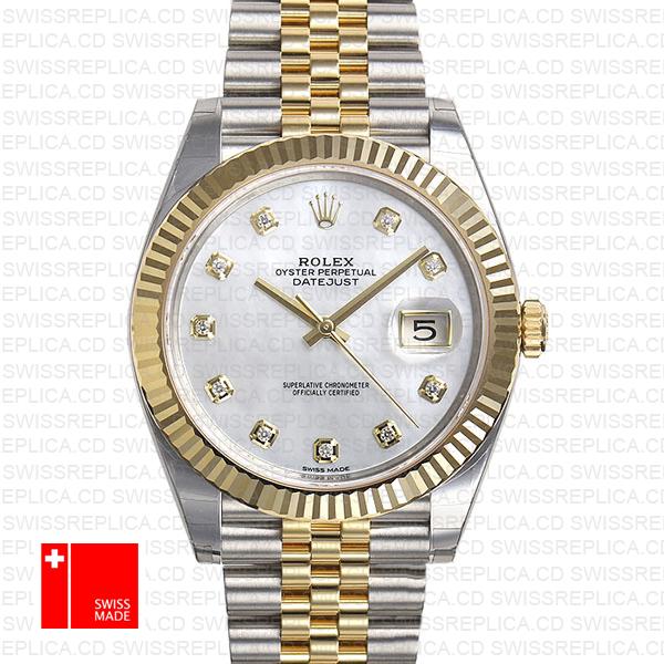 Rolex Datejust 41 Jubilee 2 Tone 18k Yellow Gold Flutted Bezel White Mop Dial Diamond Markers 126333 Swiss Replica