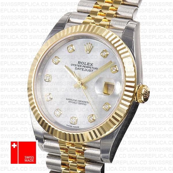 Rolex Datejust 41 Jubilee 2 Tone 18k Yellow Gold Flutted Bezel White Mop Dial Diamond Markers 126333 Swiss Replica