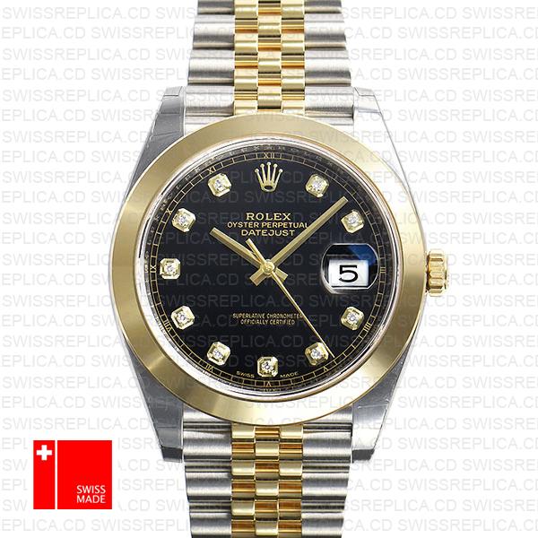Rolex Datejust 41 Jubilee 2 Tone 18k Yellow Gold Smooth Bezel Black Dial Diamond Markers 126303 Swiss Replica