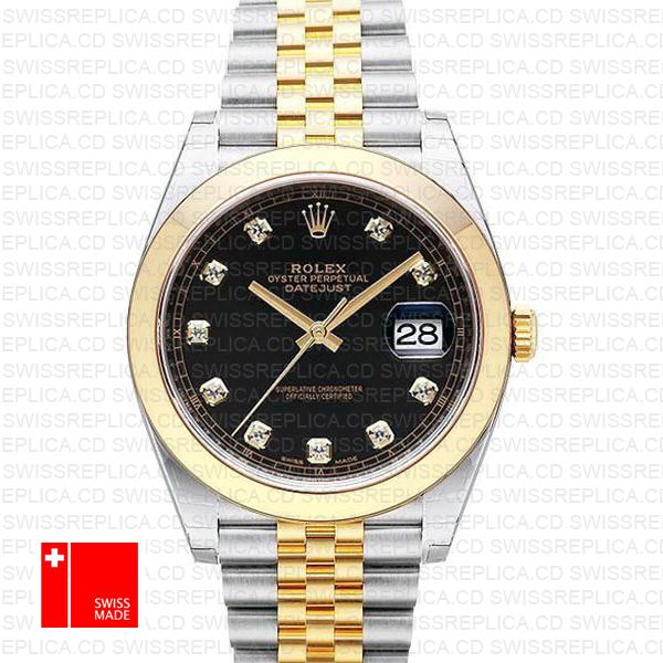 Rolex Datejust 41 Jubilee 2 Tone 18k Yellow Gold Smooth Bezel Black Dial Diamond Markers 126303 Swiss Replica