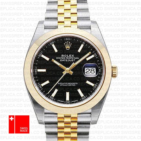 Rolex Datejust 41 Jubilee 2 Tone 18k Yellow Gold Smooth Bezel Black Dial Stick Markers 126303 Swiss Replica