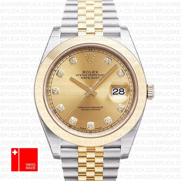 Rolex Datejust 41 Jubilee 2 Tone 18k Yellow Gold Smooth Bezel Gold Dial Diamond Markers 126303 Swiss Replica