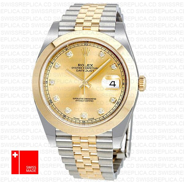 Rolex Datejust 41 Jubilee 2 Tone 18k Yellow Gold Smooth Bezel Gold Dial Diamond Markers 126303 Swiss Replica