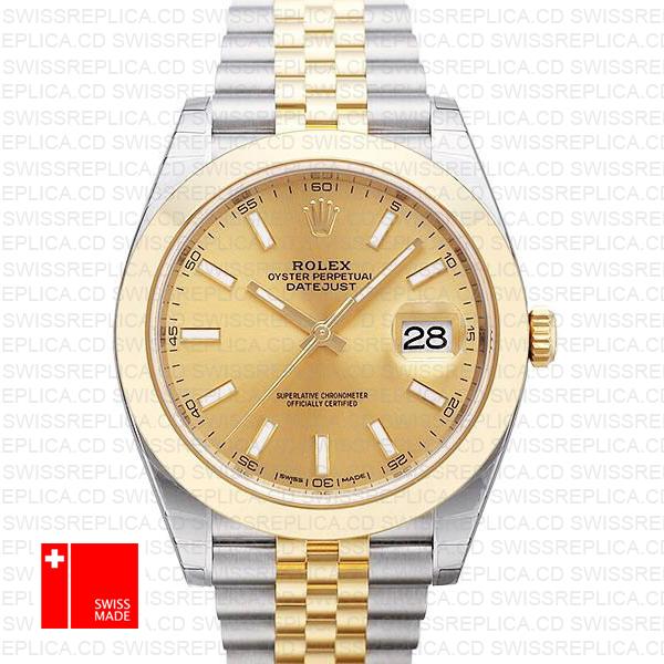 Rolex Datejust 41 Jubilee 2 Tone 18k Yellow Gold Smooth Bezel Gold Dial Stick Markers 126303 Swiss Replica