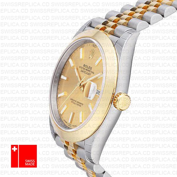 Rolex Datejust 41 Jubilee 2 Tone 18k Yellow Gold Smooth Bezel Gold Dial Stick Markers 126303 Swiss Replica