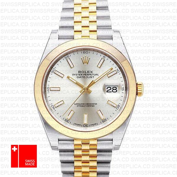 Rolex Datejust 41 Jubilee 2 Tone 18k Yellow Gold Smooth Bezel Silver Dial Stick Markers 126303 Swiss Replica